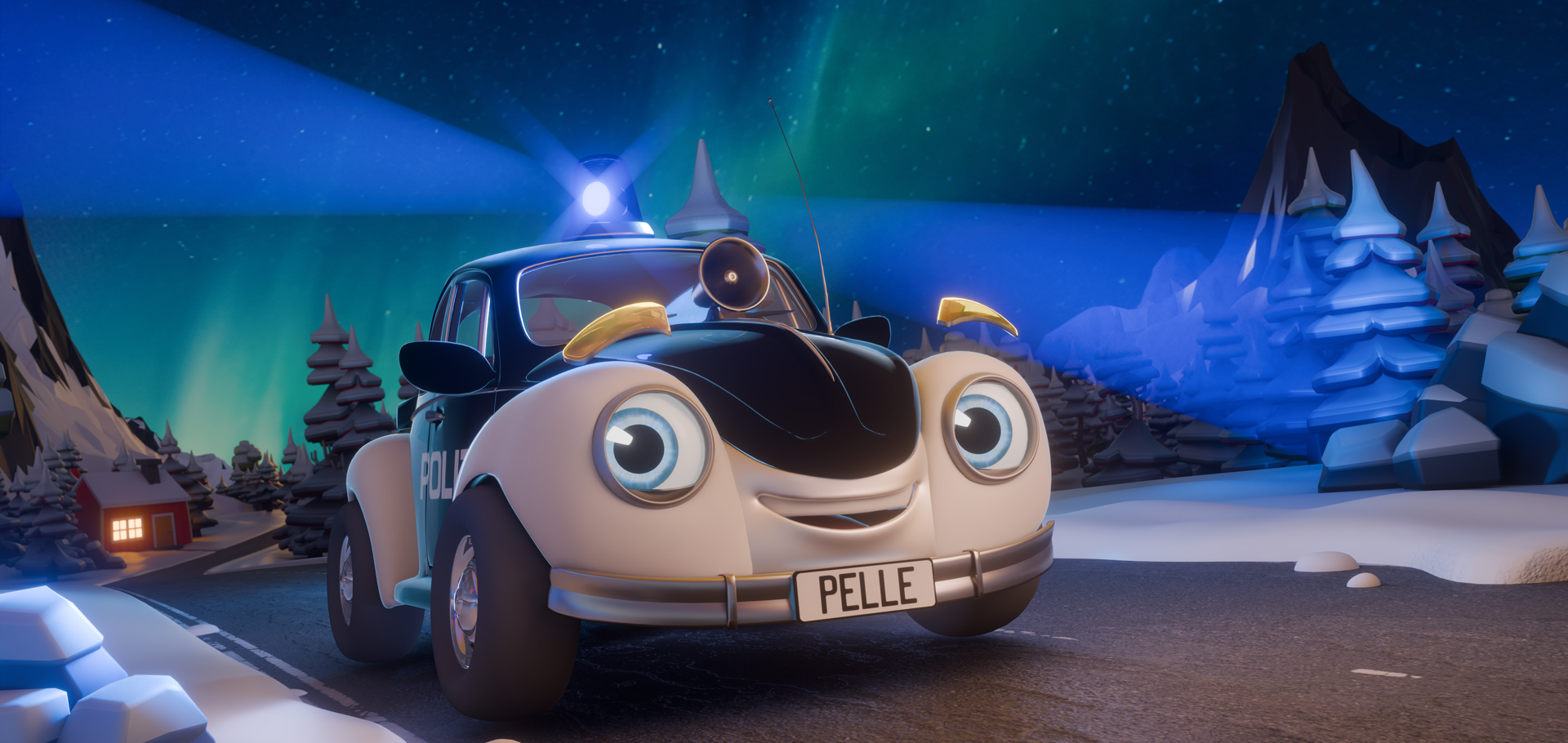 Animated car with a face on a snowy landscape under a night sky with aurora lights.
